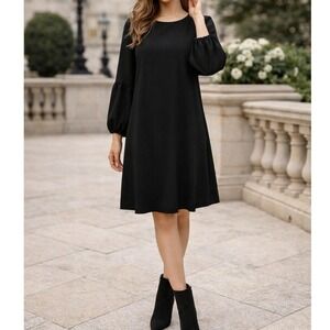 Ann Taylor Crepe Black Long Balloon Sleeve Shift Dress Size 8 Midi Length Lined